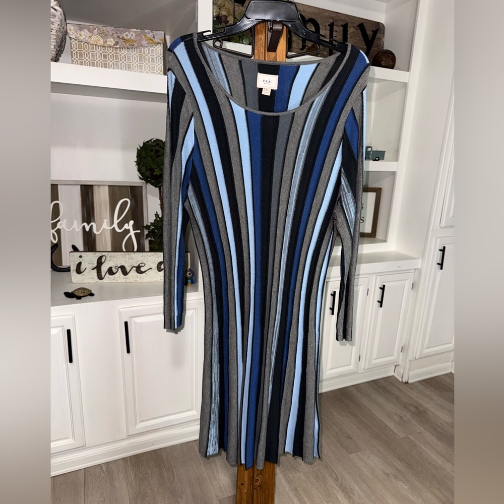 ECI Blue and Black Striped Long Sleeve Dress